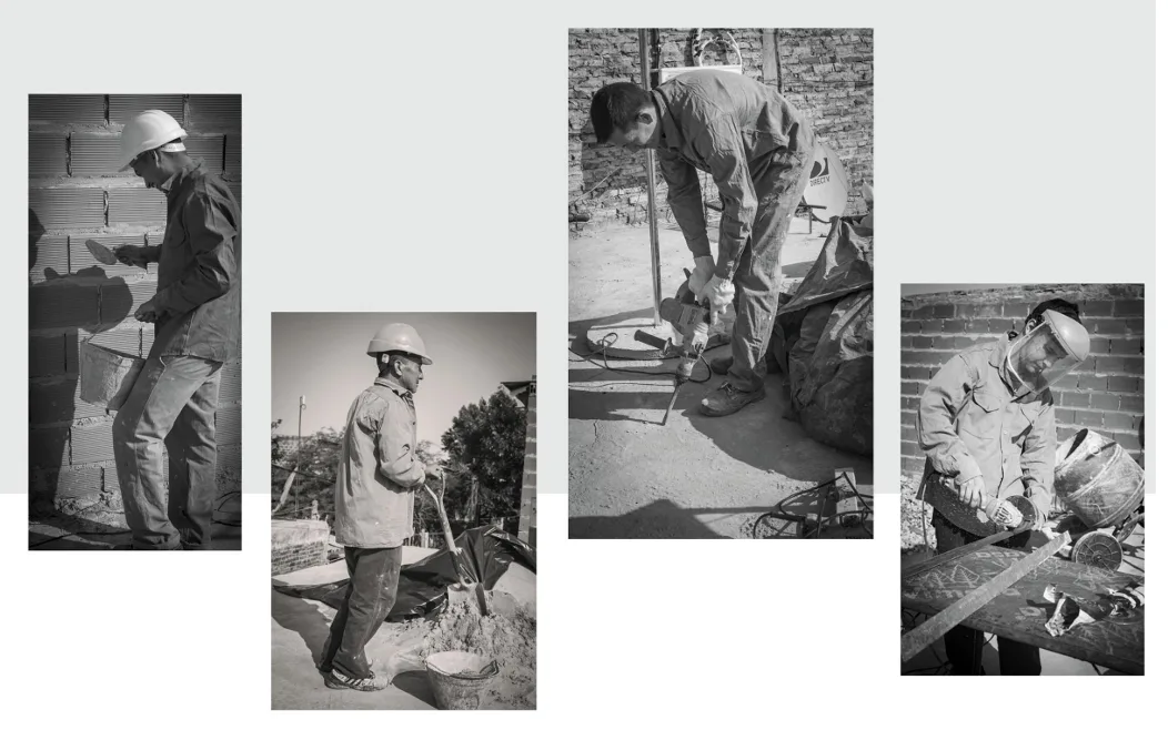 Collage en blanco y negro de trabajadores en tareas de construcción
